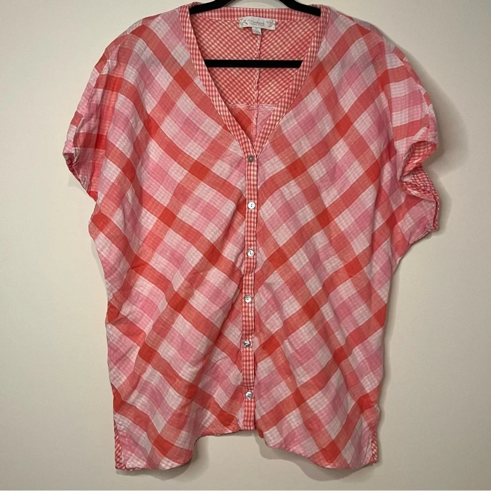 SUZANNA BETRO Weekend Gingham Cotton Gauzy Oversized Buttondown Short Sleeve Top